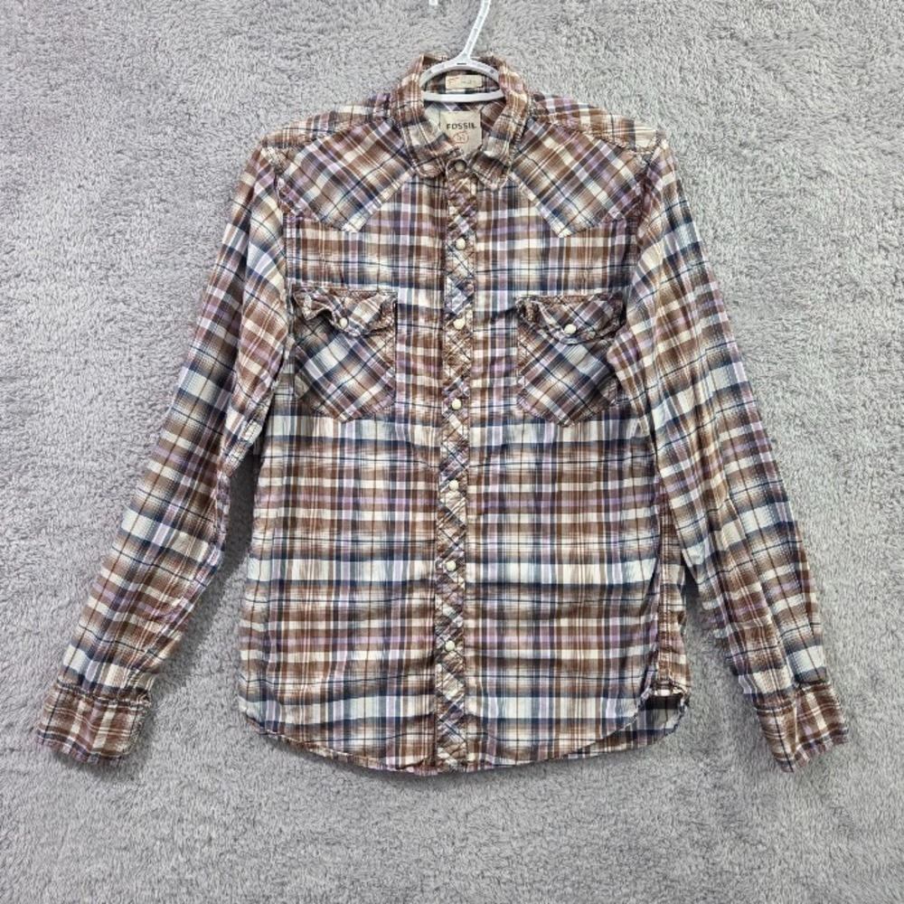 Fossil 54 Western Shirt Men's Small Brown Plaid Pearl Snap Vintage Fit Cotton